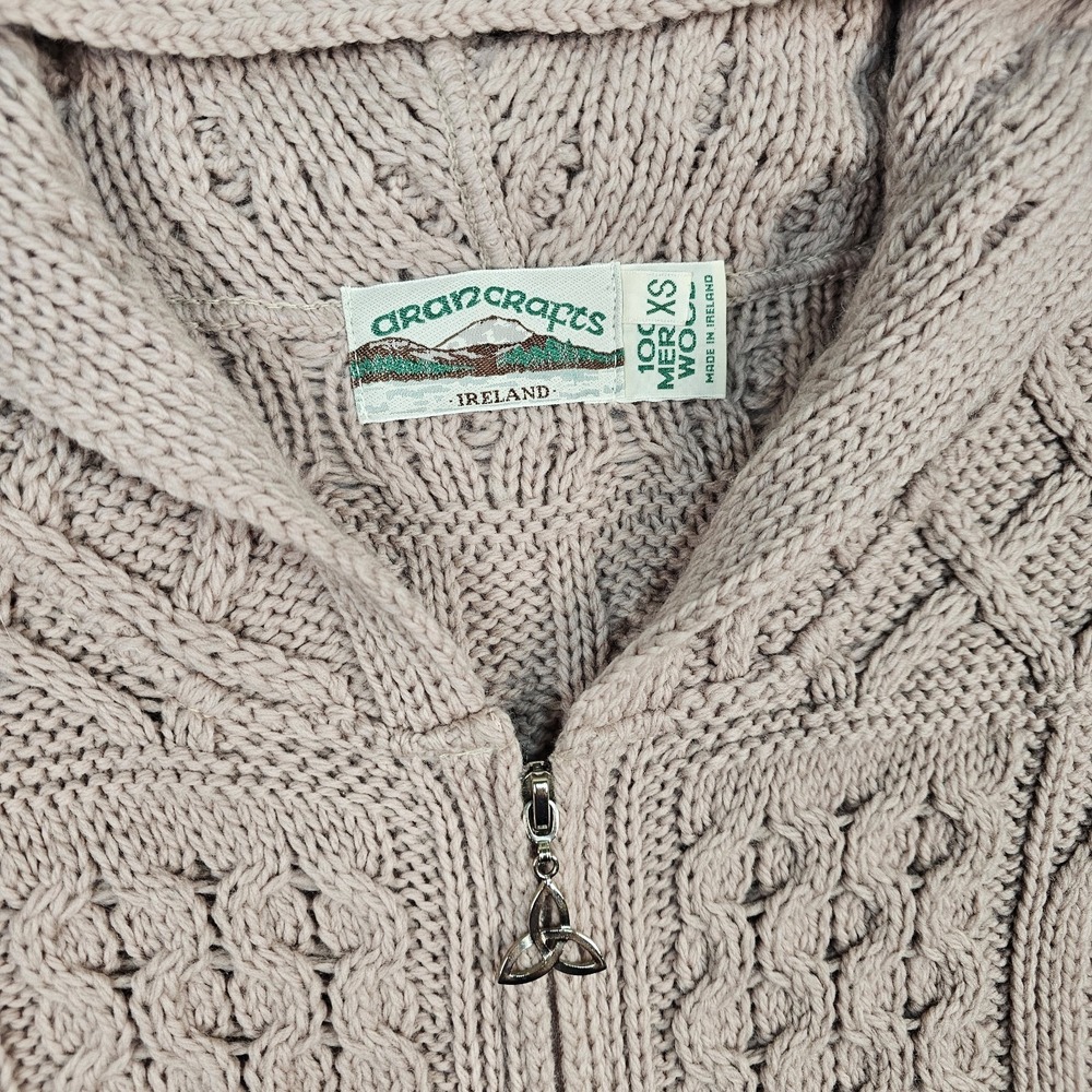 Aran Crafts Irish Wool Cable Knit Full Zip Cardigan Hoodie Womens XS Toupe Long - Picture 4 of 15
